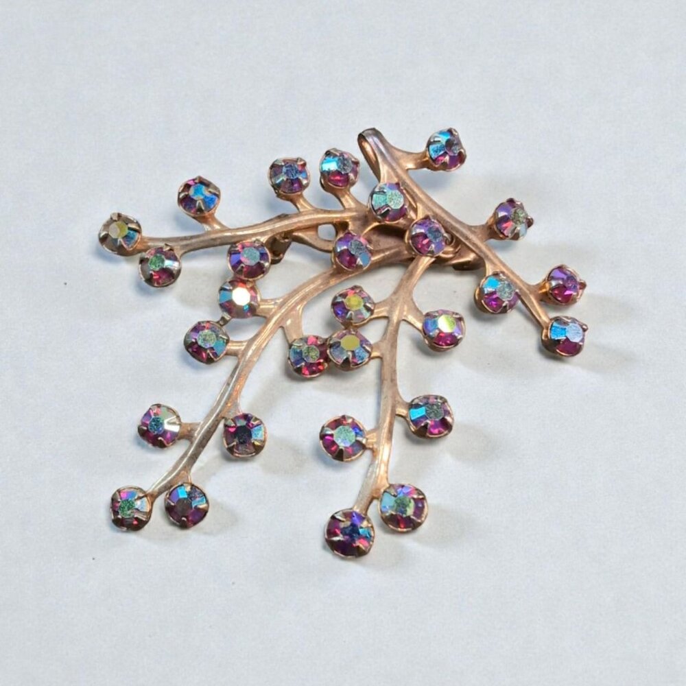 Vintage Aurora Borealis Rhinestone Branch Brooch Gold-Tone Floral Spray 2.2x1.8